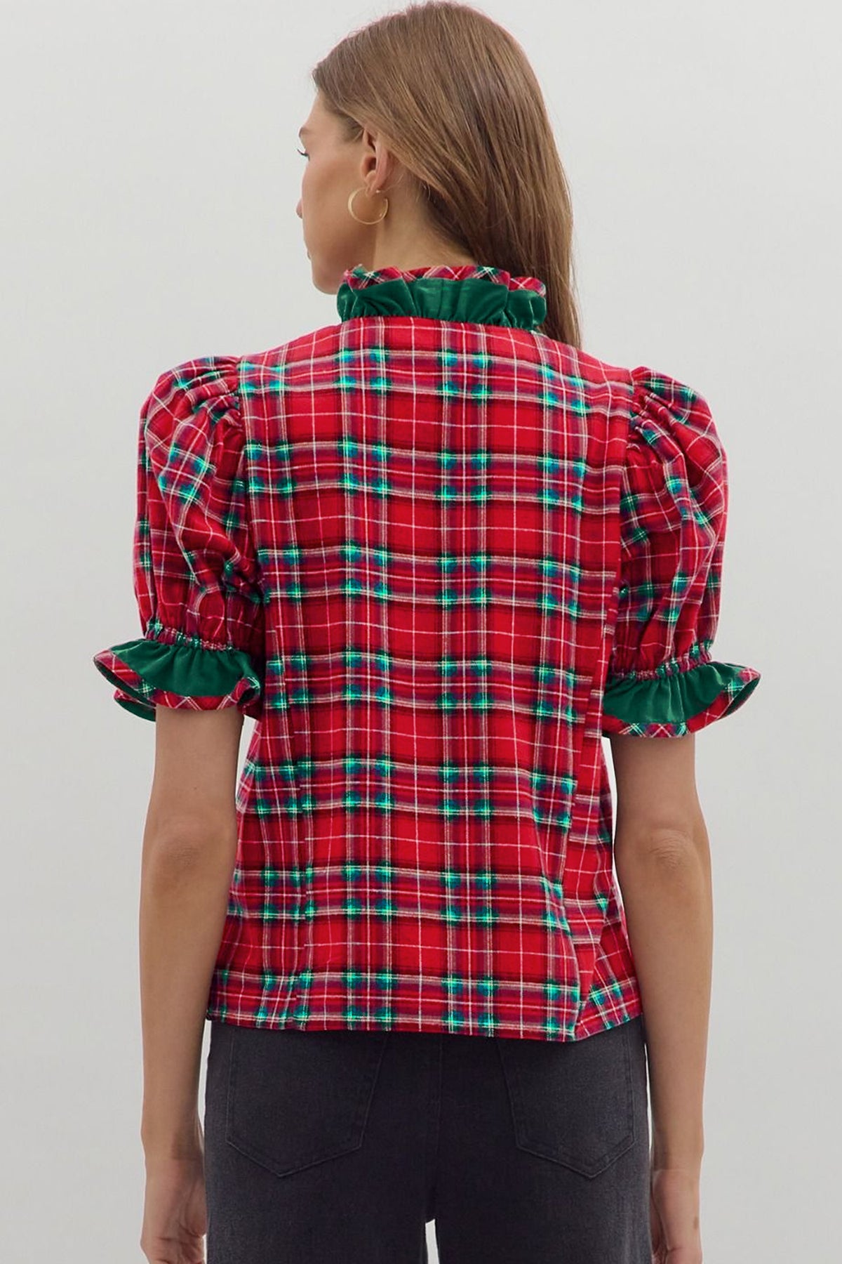 Merry & Plaid Velvet Trim Top. - PRE ORDER