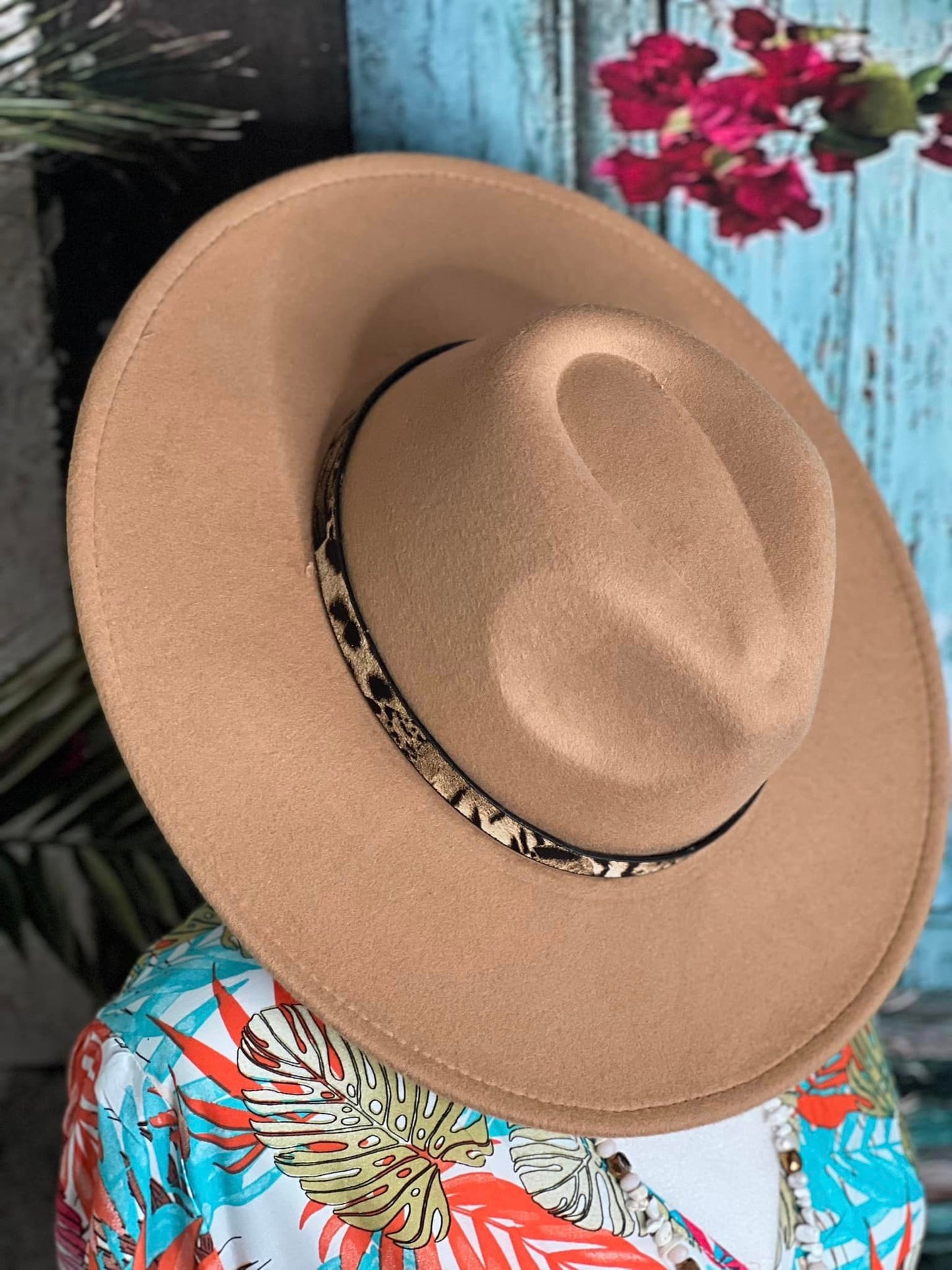 Tan Brim Hat with Cheetah Band