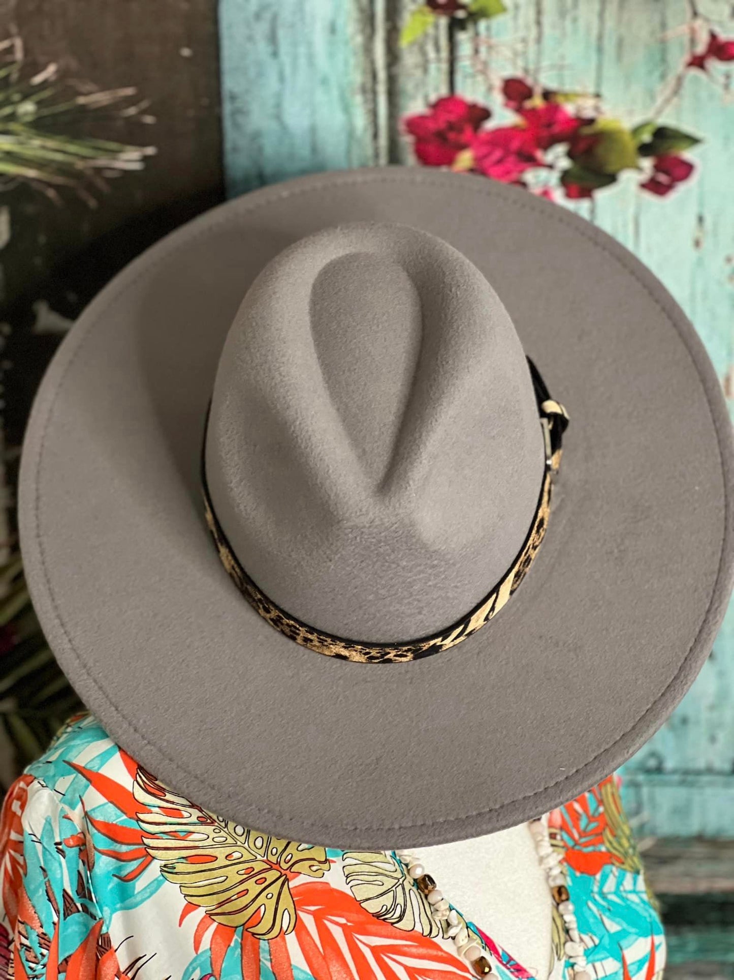 Gray Brim Hat with a Cheetah Hat Band