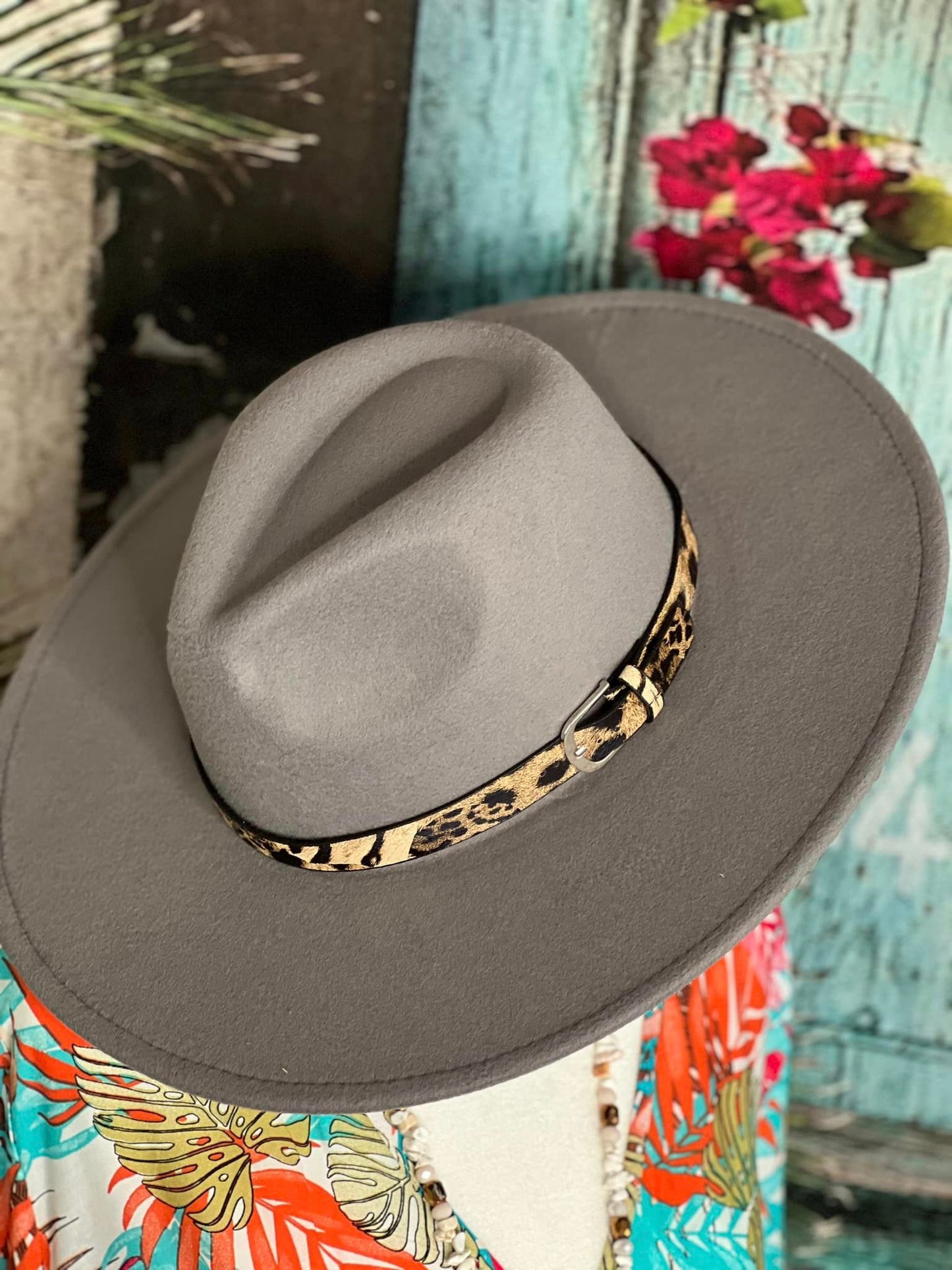 Gray Brim Hat with a Cheetah Hat Band