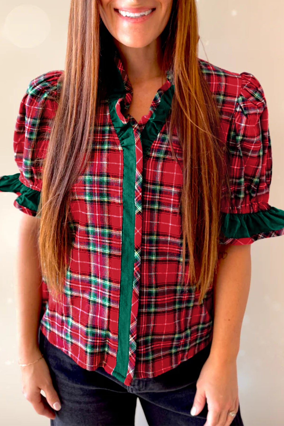 Merry & Plaid Velvet Trim Top. - PRE ORDER