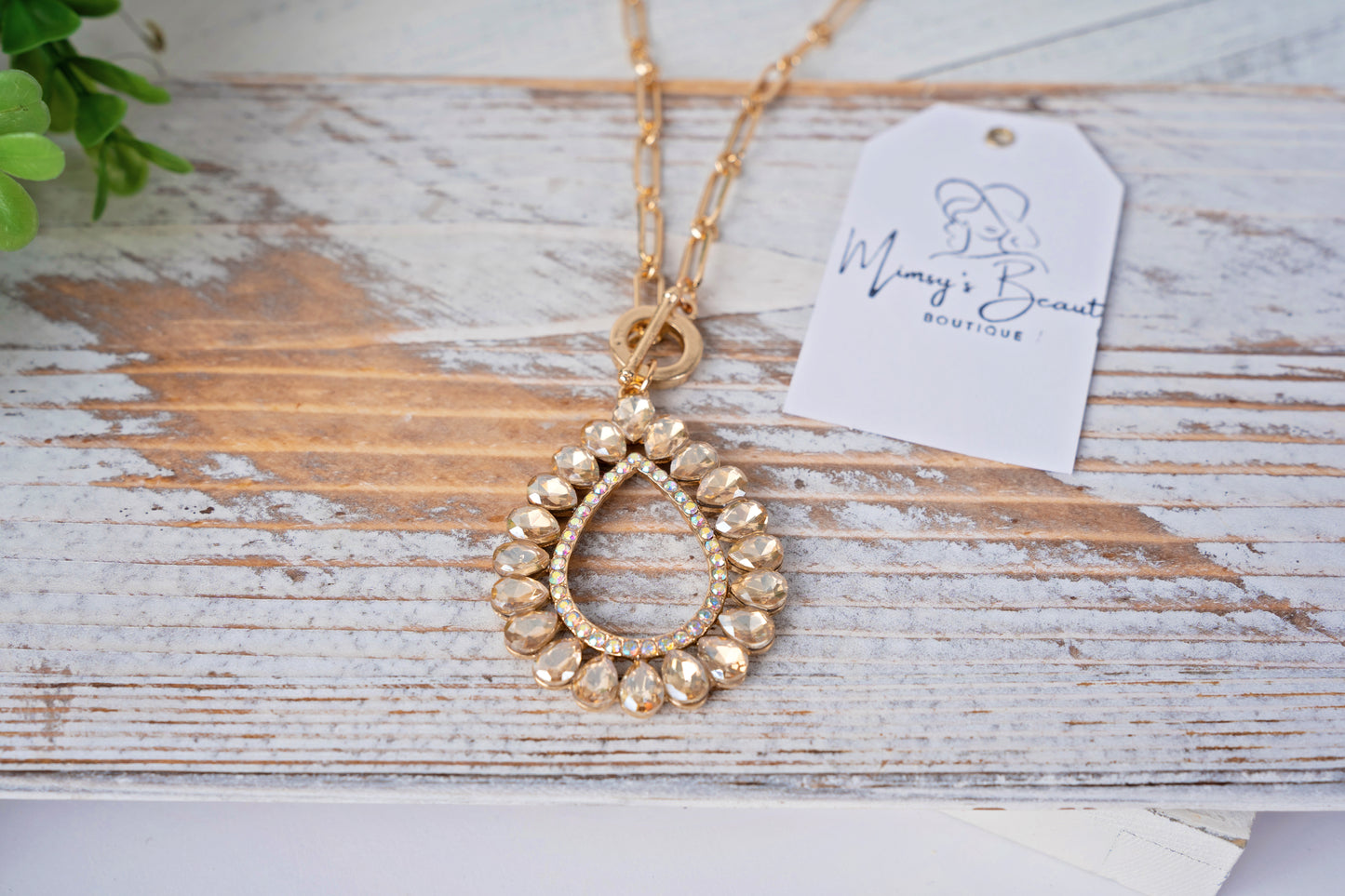 Gold Rhinestone Teardrop Necklace