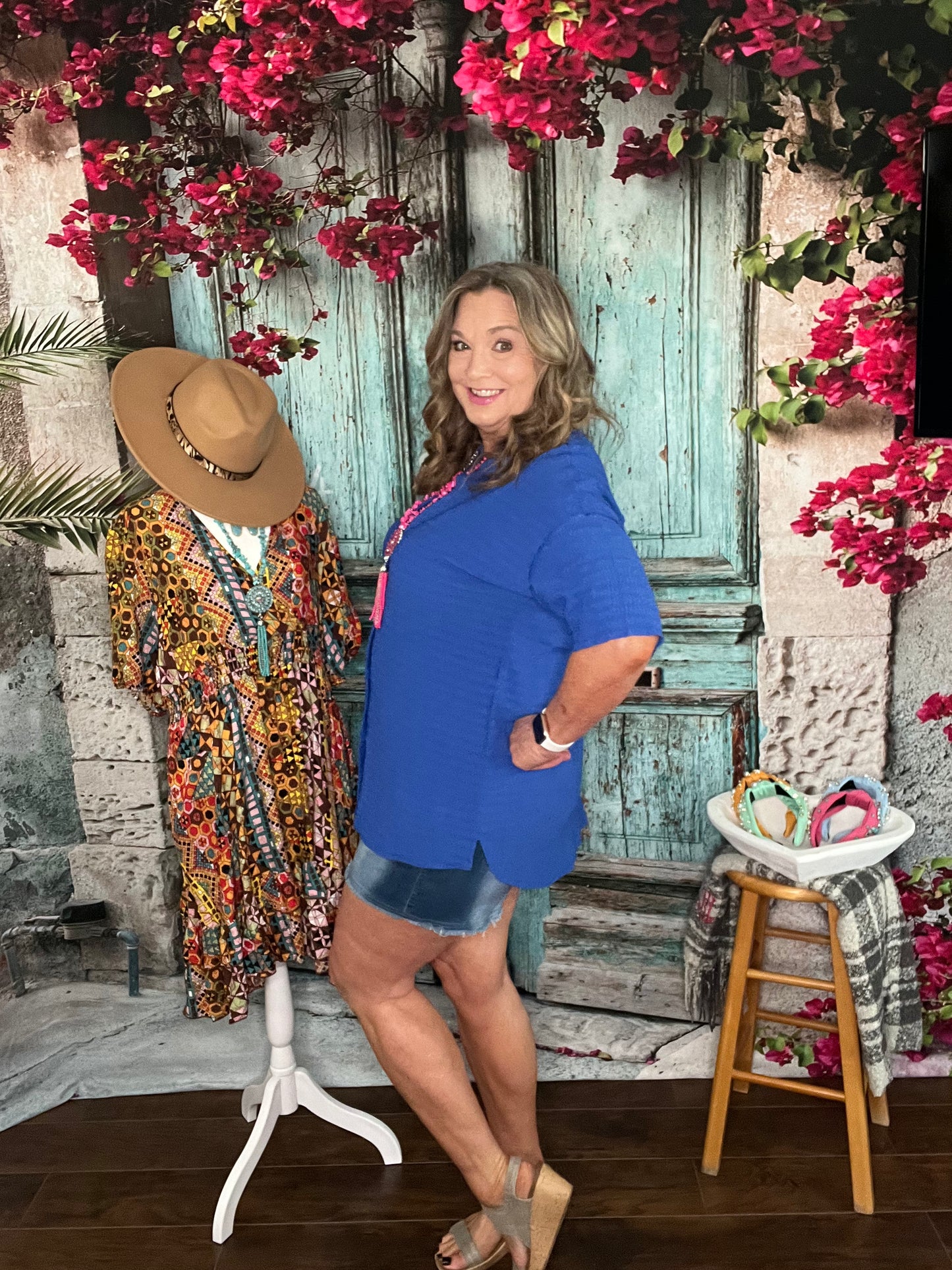 Blue Textured Button Up Top