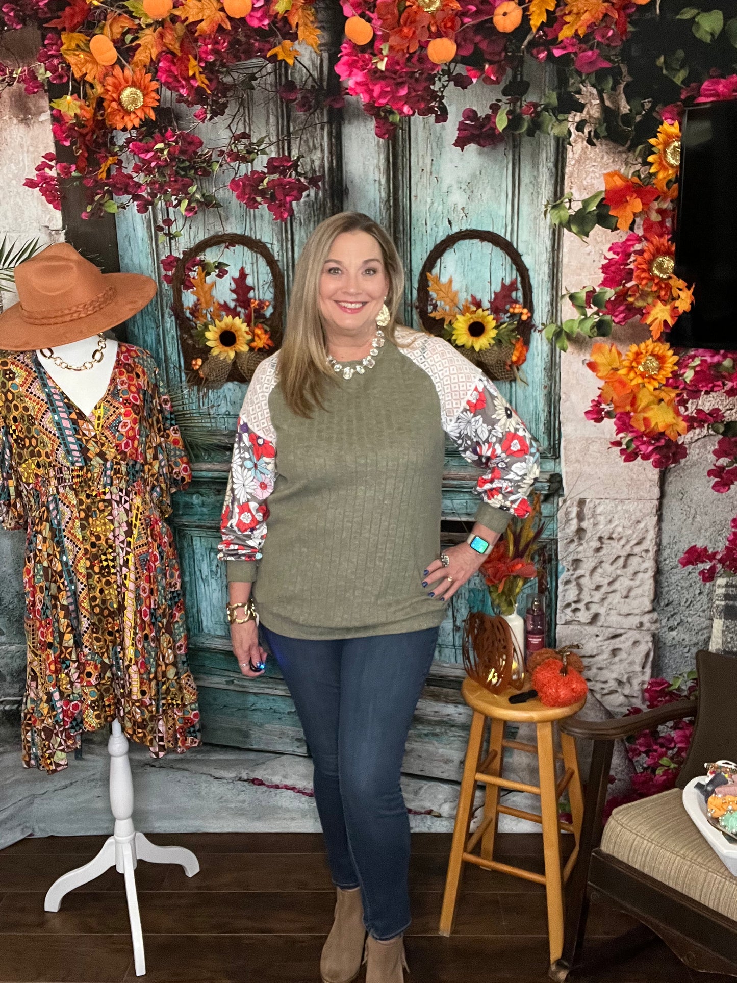 Olive Green Lightweight Sweater with Eyelet & Floral Sleeves