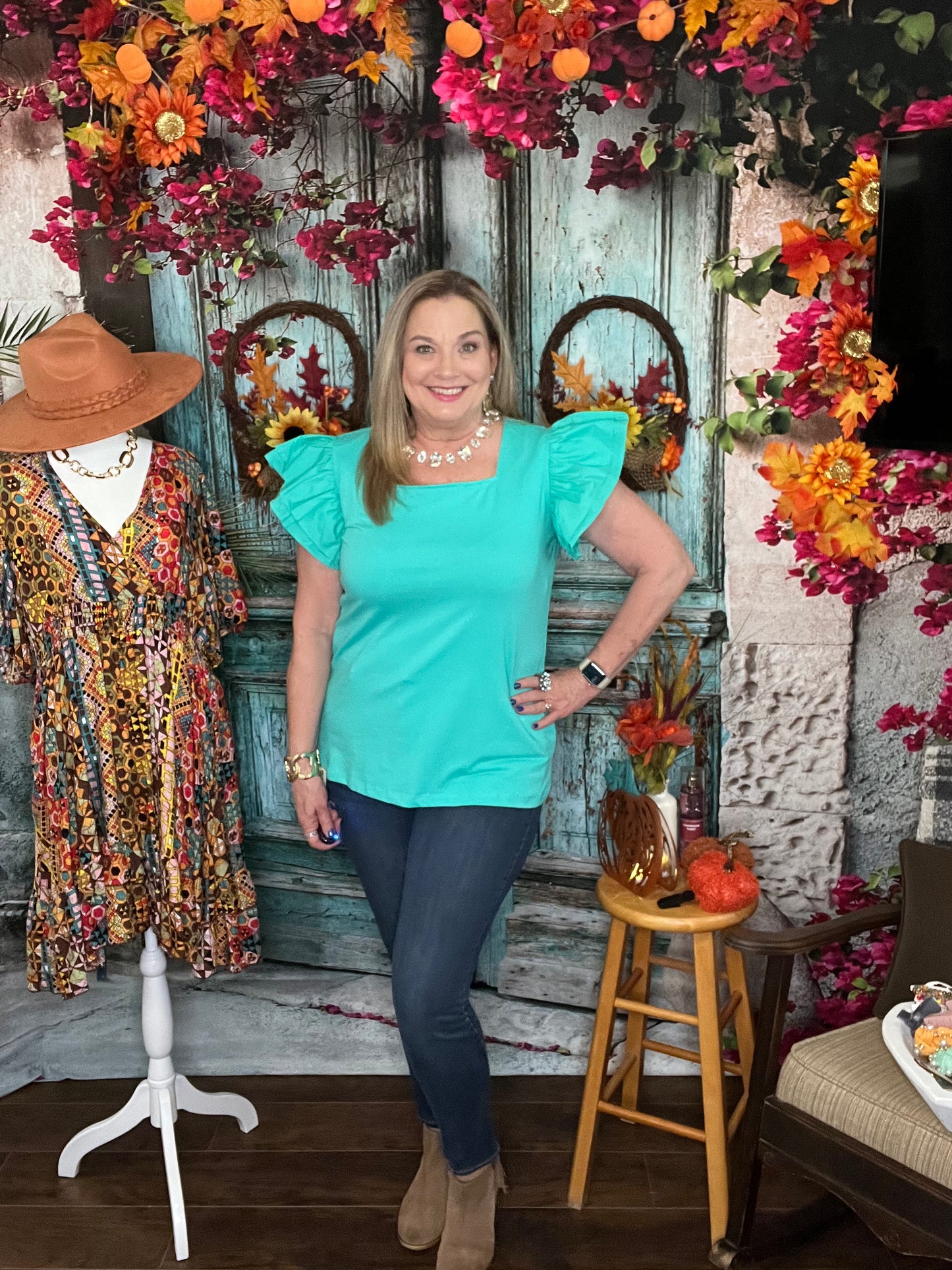Turquoise Square Neck Top