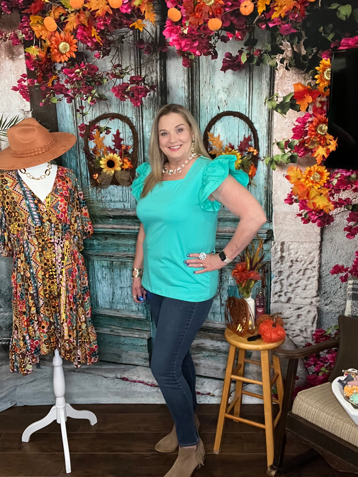 Turquoise Square Neck Top