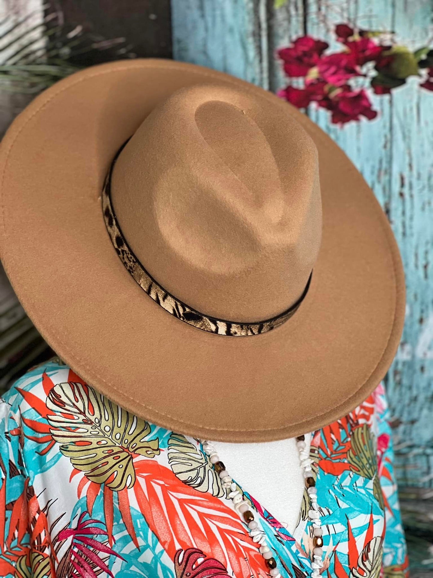 Tan Brim Hat with Cheetah Band