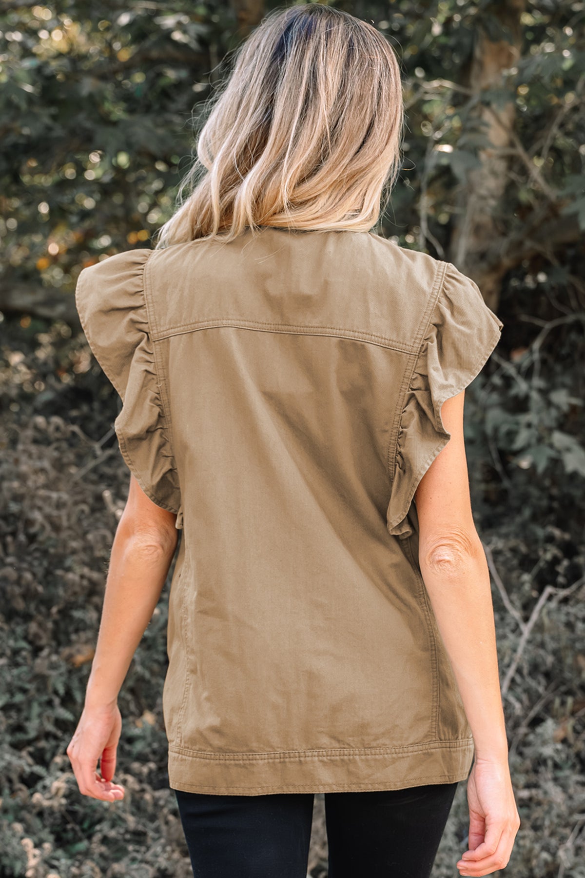 Khaki Ruffle Denim Vest - PRE ORDER
