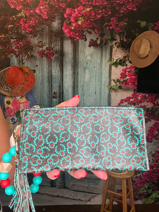 Red & Turquoise western wristlet